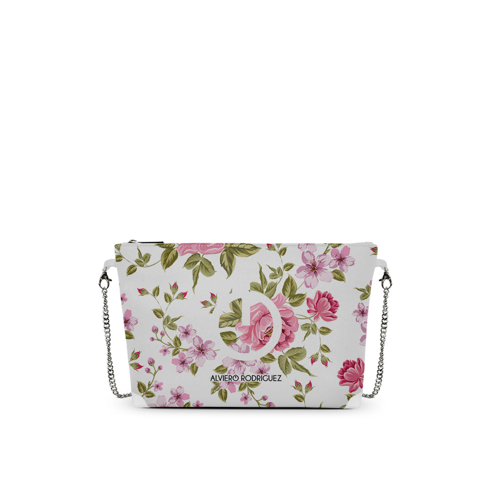 Borsa a Tracolla Bianca Stampa Fiori Firmati | Catena Dorata | Made in Italy